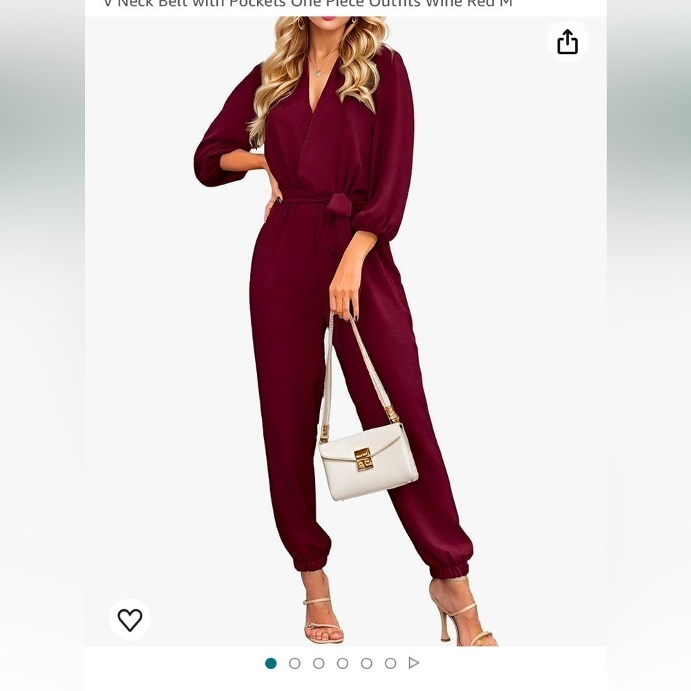 Casual Dressy Long Sleeve Jumpsuits Elegant Rompers V Neck Belt Pockets Wine Red